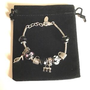 CHARMED LINKS  - silver cable bracelet with charms - black, white and pink